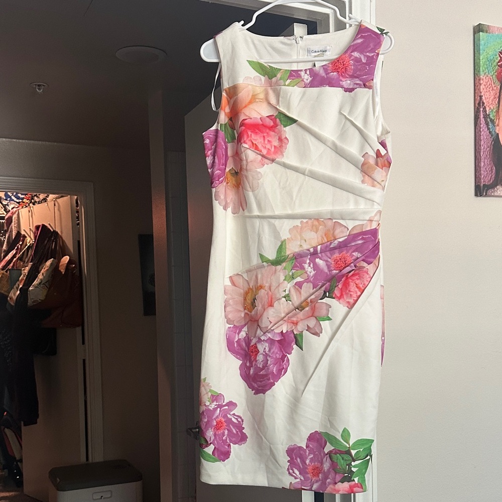 Calvin Klein White and Pink Floral Midi Dress